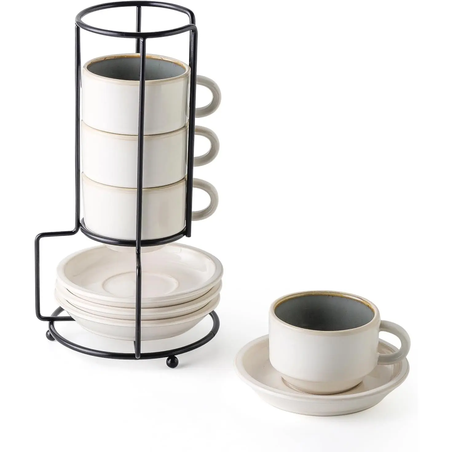Porcelain Stackable Espresso Cups with Saucers and Metal Stand, 4 Ounce Demitasse Cups for Specialty Coffee Drinks, Cafe Mocha -Set of 4, Stackable Espresso Mugs, White & Green