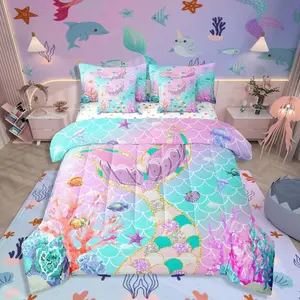 Feelyou 7-Piece Mermaid Tail Queen Comforter Bed Set - Fish Scales Girly Ombre Rainbow Comforter, Teal Sequins Pastel Pink Sheet Set for Girls, Queen Comforter Set