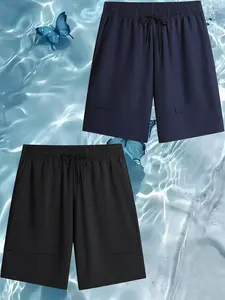 Men’s 2-Piece Ice Silk Quick-Dry Cargo Shorts Set, 2 piece mens Lower-Rise Drawstring Elastane Loose-Fitting Straight-Leg Knee-Length Multipocket Plain Black + Blue Summer Athletic Dry-Fit Menswear Bottoms, Dry-Fit Men's Shorts