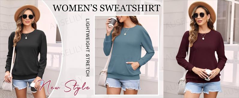 AUSELILY Women's Crewneck Hoodless Sweatshirt With Kangaroo Pocket Fleece Longsleeve Oversized Casual Style Shirt Lightweight Pullover 2025 Xmas Gift