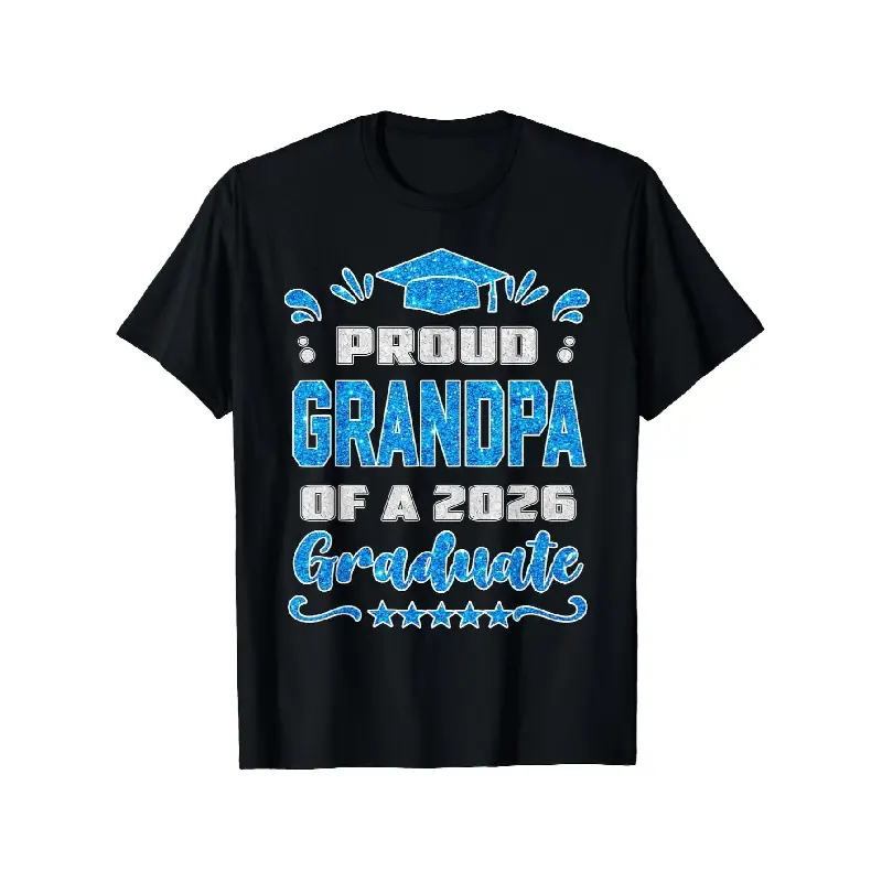 Proud Grandpa of 2026 Graduate Menswear Short-Sleeve Round Neck T-Shirt, Unisex Oversized Loose-Fit Black Top with Blue Lettering & Diploma Design, Digital Heat Transfer, All-Season Streetwear Crew Neck Tee