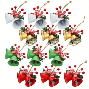 12pcs Cast Iron Christmas Bells Decorations, & Gingham Bow, Greenery, Durable Indoor Outdoor Hangings, Festive Holiday Home Decor