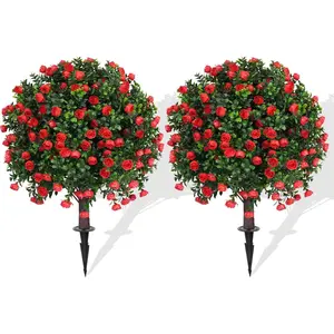 Artificial Rose Topiary Ball Trees with Ground Spike, 2 Pack 16 Inches UV Resistant Artificial Shrubs, Fake Evergreen Artificial Plant Brh for Indoor Outdoor Front Porch Garden
