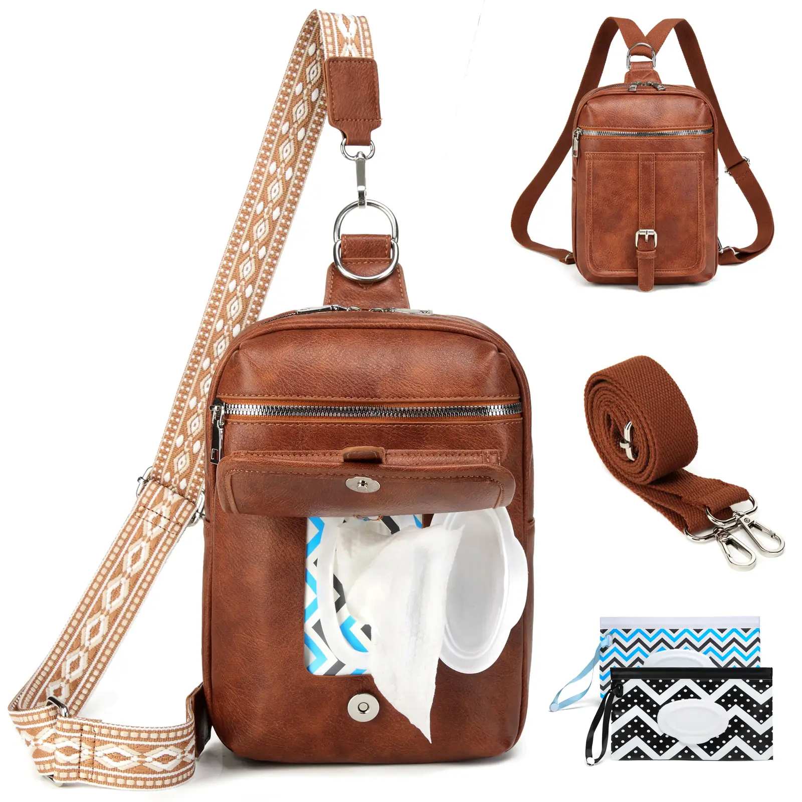 Myhozee Crossbody Sling Bag for Women Men 2 in 1 Backpack Purse with 2 Wipes Pouch and 2 Removable Straps PU leather Cross Body Bag for Woman Large Fr