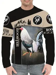 New animal rooster pattern 3D full-body printed men's Fitted long-sleeved T-shirt - Summer fashionable and casual long-sleeved T-shirt