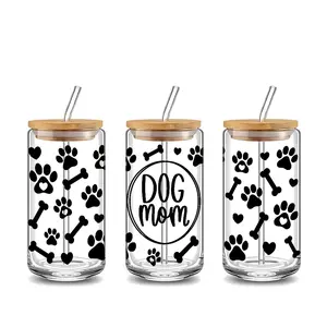 Dog Mom Paw Print & Bone Pattern 16oz Frosted Glass Can Cup with Lid and Straw, Reusable High-Quality Glass Drinking Cup for Iced Coffee, Hot Chocolate, Juice & Smoothie, Perfect Gift for Dog Lovers, Coffee Enthusiasts