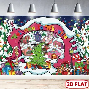 Whoville Christmas Backdrop Banner 8FTx6FT Durable Polyester Festive Snowy Village Scene for Holiday Parties Weddings White