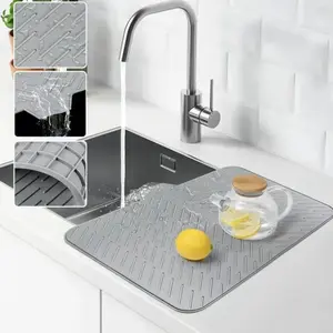 Luxet Silicone Dish Drying Mat with Built-in Drain Lip - Hygienic Drying Pad - Sturdy Compact Easy to Clean Tray Protects Surfaces Prevents Water Build Up - 23 X 17 (Grey)