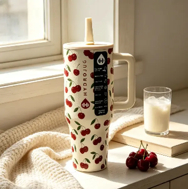 HydroJug 40oz Cherry Print Insulated Stainless Steel Vacuum Flask Tumbler - BPA-Free, Leakproof Kitchen Drinkware