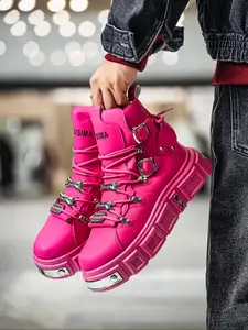 Men's Fashion Motorcycle Combat Boots, High Top Punk Shoes, Chunky Platform, Anti-Slip Rubber Breathable PU Leather, Fall Winter New Style, Suitable for Daily Wear