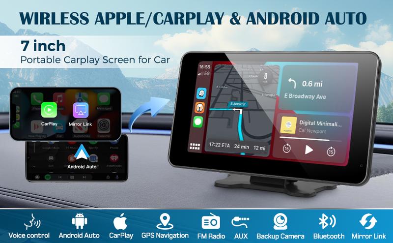 Paslda New Year gift-2026 Portable Carplay Screen 7-Inch IPS Touchscreen with Landscape & Portrait Modes Wireless Carplay Android Auto Suction Mount Mirror Link HD Touch Easy Install Rear View Camera Compatible with Most Cars