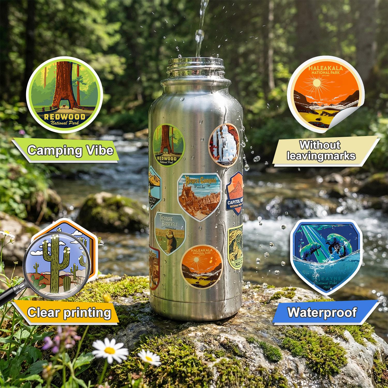 63Pcs National Park Stickers,Outdoor Nature Camping Hiking Inspired Waterproof Vinyl Decals for Water Bottles Laptop Car,Travel Adventure Parks Stickers