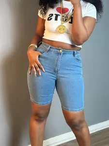 Women's Denim Motorcycle Shorts, Elastic Knee-Length Bermuda Shorts, Shopbop Slimming Summer Essential, Casual Streetwear, Light Wash