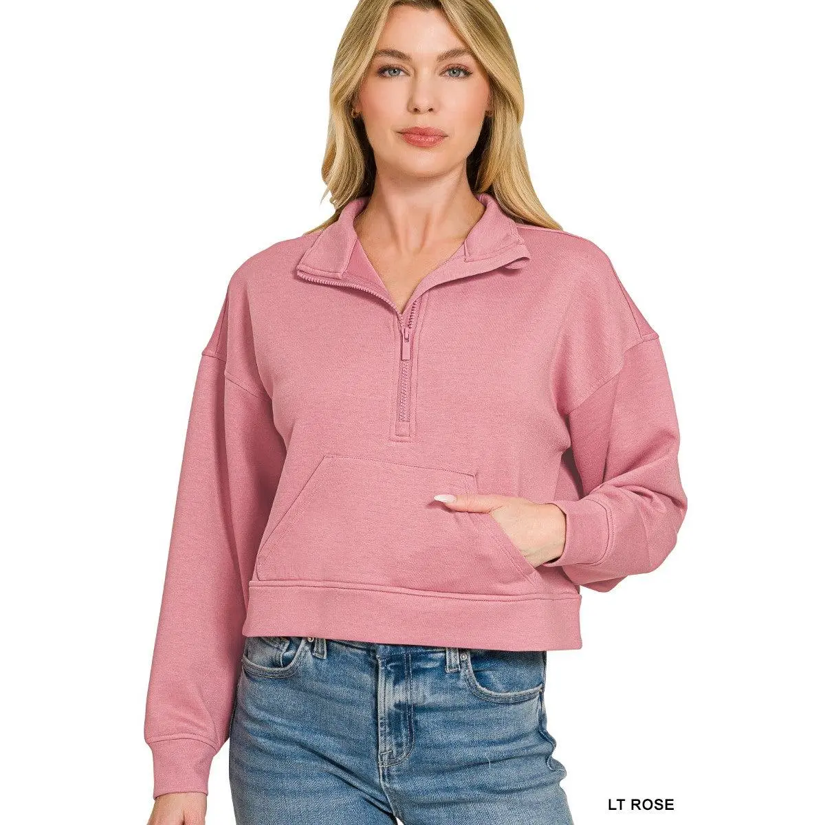 Trendsi Women's Basic Casual Scuba Quarter-Zip Long Sleeve Hoodie - Comfortable Soft Polyester Rayon Blend, Ribbed Stretchy Relaxed Fit, Kangaroo Pocket, Adjustable Drawstring, All-Seasons Imported Top, Machine Washable