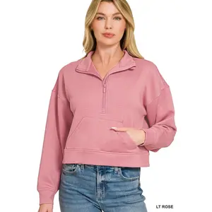 Zenana Scuba Half Zip Pullover With Kangaroo Pockets, Hoodie, Sweatshirt