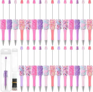 90 count DIY Beadable Pens Kit 30 count Plastic Petal Glitter Beaded Pens and Refills and Bags Included Black Ink Ballpoint School Supplies for DIY Making Office Party ( Series)