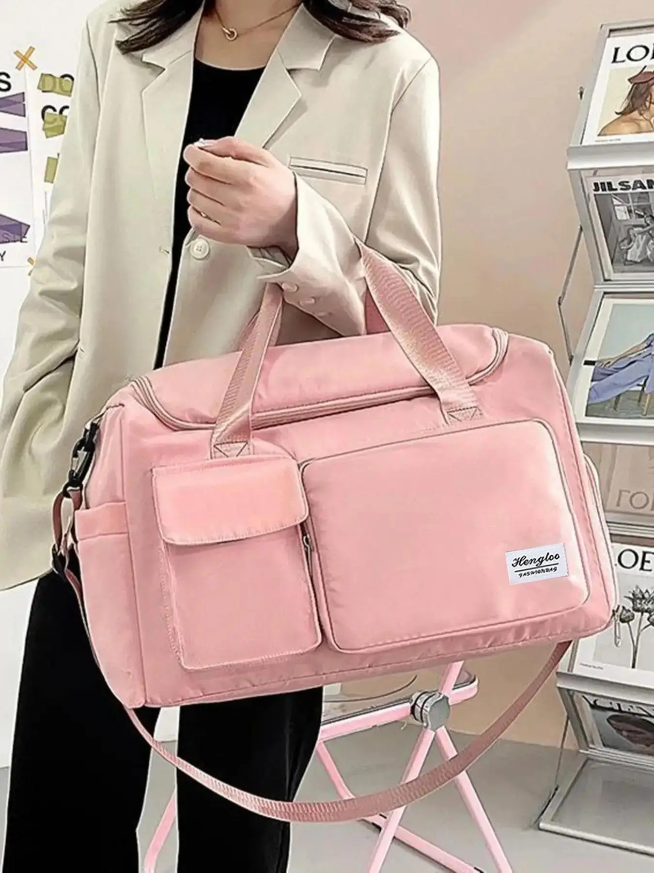 Summer 2025 Unisex Waterproof and Dustproof Multi-pocket Design Zipper Travel Bag, Travel Essentials, Minimalist Casual Plain Letter Label Decor Large