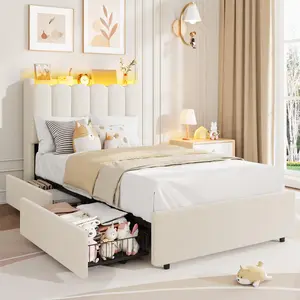 Twin Size Bed Frame with Storage Headboard, Kids Bed Frame with 2 Drawers, Boucle Upholstered Platform Bed for Girls, Chic Wavy Headboard with Bookcase, No Box Spring Needed, White