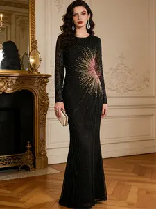 Women's Sequin Evening Gown, Luxurious Wedding & Engagement Dress, Perfect for Birthdays, Star Style Party Wear, Long Slim-Fit Sleeves