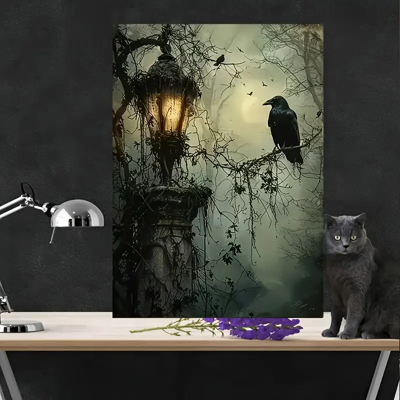 1 Unframed Vintage Thrilling Crow Artistic Wood Art Print - Dark Academy Canvas Poster, Artwork Hanging Wall Decoration for Living Room, Bedroom