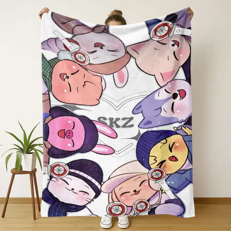 Cute Cartoon Flannel Blanket Skz, Throw Blanket, Decorative Blanket, Lightweight Cozy Blanket, Lightweight Polyester Fabric, Soft Warm Digital Print, Ideal for Sofa Bed Travel Camping Office Use