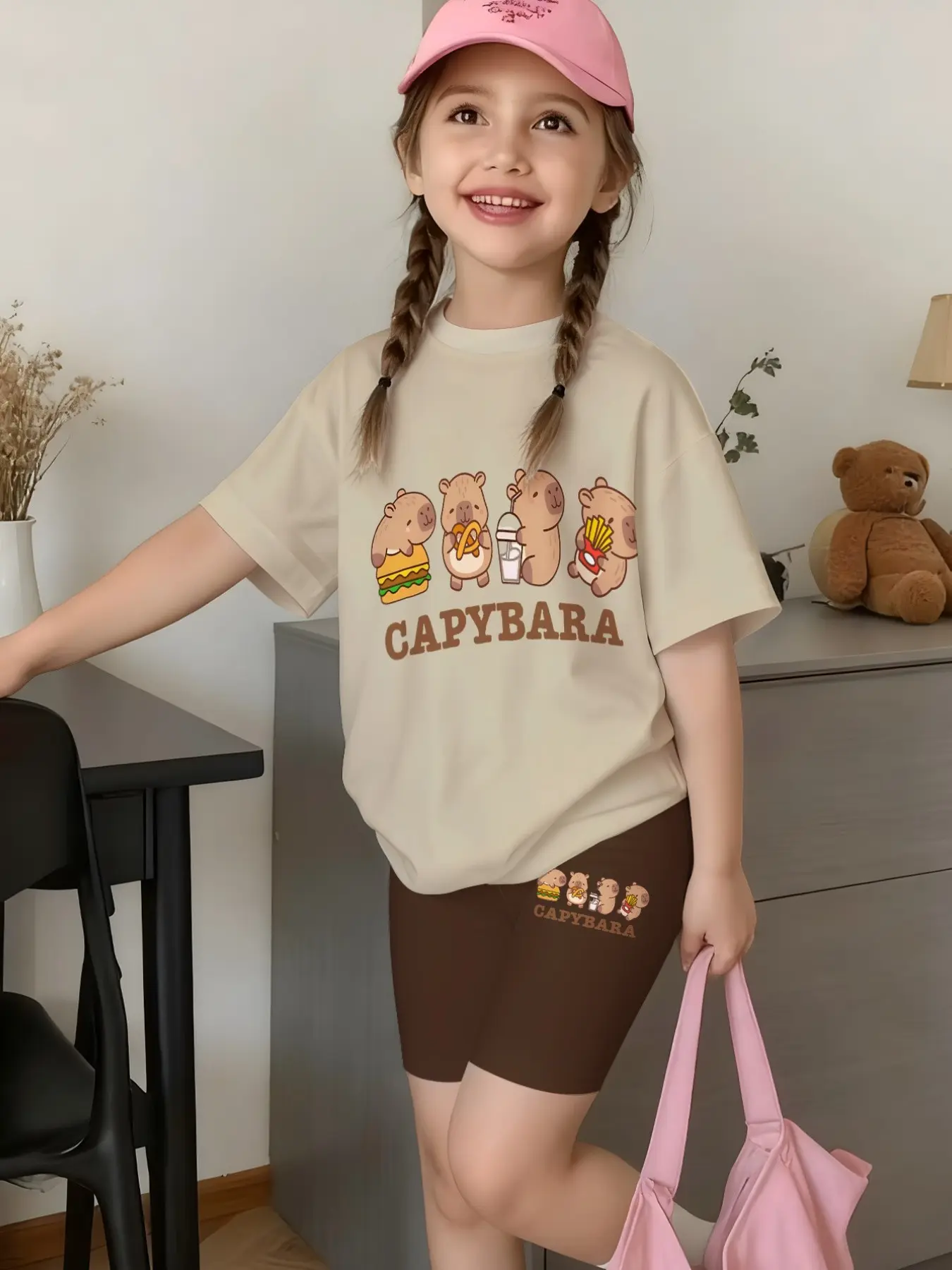 Korean Style Girls Clothes Kids Capybara Food Print Short Sleeve & Biker Shorts Set Top And Shorts Summer Sweet Kids Sportswear 2Pcs Sports Clothing Set