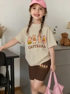 Korean Style Girls Capybara Food Print Short Sleeve & Biker Shorts Set Top And Shorts Summer Sweet Kids Sportswear 2Pcs Sports Clothing Set