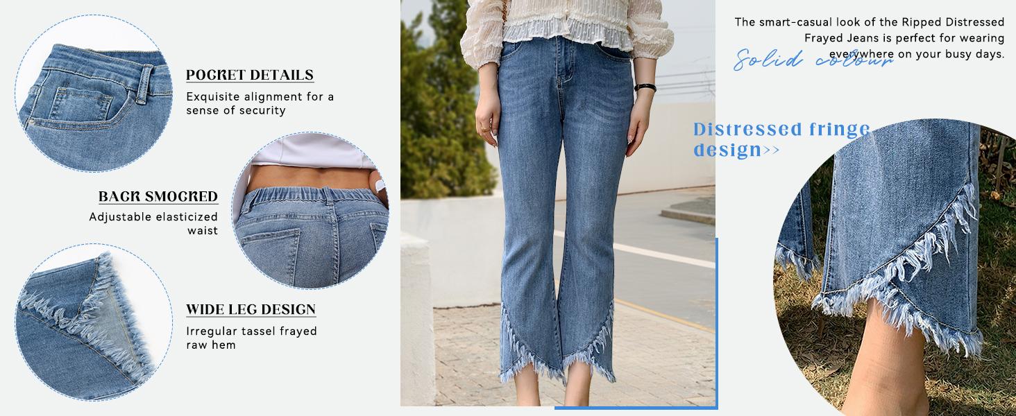 CHARTOU Women Cute Stretch Denim Jeans Ripped Distressed Frayed Hem Denim Pants Tassel Fringe Cropped Jeans
