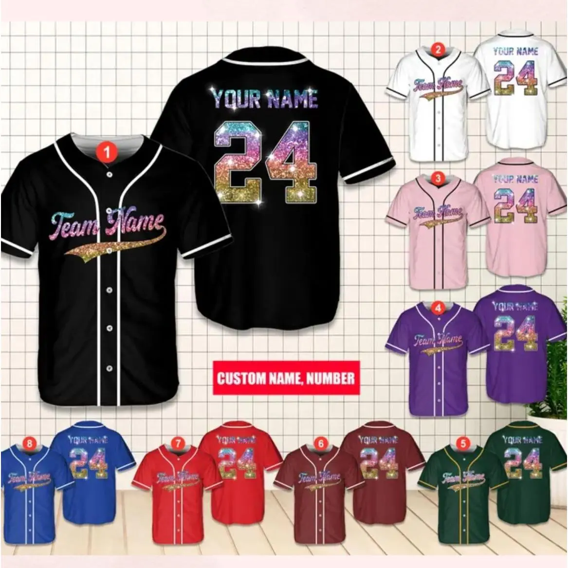 Personalized Name PRINTED GLITTER Baseball Jersey, Custom Color Ombre Bling Jersey, Full Size Range, Perfect Fit for Everyone