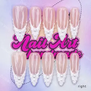 Delicatething Y2K Style Long Sharp, Handmade Wearable Nail Set, 4 Sizes XS S M L, French & Pearl Nail Art Design, Perfect Gift for Girls, Nail Extension