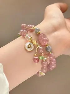 Cherry blossom strawberry crystal pink bead bracelet with charms for women, a luxurious and exclusive accessory with a floral touch, perfect for students and best friends.