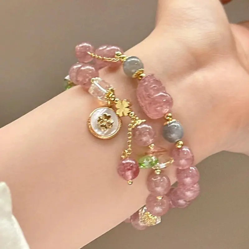 Cherry blossom strawberry crystal pink bead bracelet with charms for women, a luxurious and exclusive accessory with a floral touch, perfect for students and best friends, Beaded Bracelet