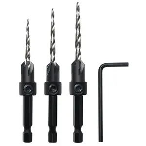 Countersink Drill Bit Set, 3 count Tapered Drill Bits M2 HSS, with 1/4" Hex Shank Quick Change and Allen Wrench, Counter Sinker Set for Woodworking and Carpentry,  Screw Hole Set