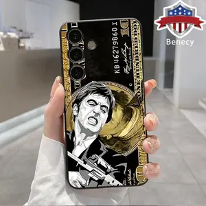 Straight Edge Phone Case Compatible with Galaxy S23 Ultra S24 Plus S25 S22+ Firing Gangster Money Pattern Pocket-Friendly Shockproof Liquid Silicone Protective Soft Smartphone Casing
