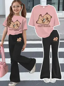 Girls' Cute Capybara Print Set, Cute Clothing Set, Loose-Fit Short Sleeve Top & Bell Pants, Comfortable Cotton Fabric, Summer Outfits Set, Perfect for Spring & Summer