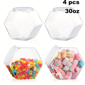 Hexagon Plastic Candy Jars 4pcs 30oz Transparent Polished Finish Food-Safe Kitchen Metal for Halloween, Christmas, Easter, Thanksgiving - Utensils Tin