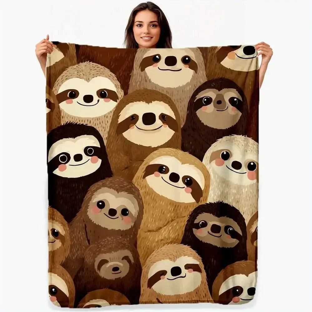Sloth Full Repeat Flannel Blanket Soft Plush Warm Throw Blanket, Brown Neutral Kawaii Smiling Sloth Animal Decor Couch Bedroom Nap Blanket, Giftable Sloth Lover Cute Pet Comfort Blanket for All Seasons
