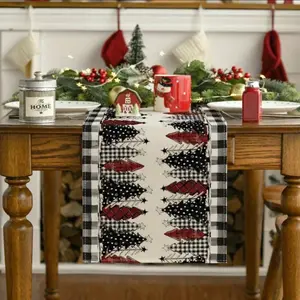 Christmas Table Runner – Buffalo Plaid Polyester Fiber with Festive Tree & Star Design | Ipc Dust-Proof & Easy Clean Table Decor for Indoor & Outdoor Holiday Gatherings