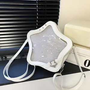 Star-Shaped Ita Bag for Anime & K-Pop Fans, Multi-Strap Acrylic Display Backpack with Removable Shoulder Straps. This unique pentagram bag features a clear window to showcase your pins, charms, and collectibles