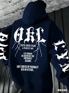 Men's Trendy Gothic Hoodie Grime Letter & Lightning Bolt Print, Loose Fit Long Sleeve Fall Winter Fashion, Minimalist Style