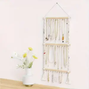 Wall-Mounted Braided Necklace Rack, Fringe-Decorated Jewelry Organizer for Necklaces, Bracelets, Earrings, Hairbands, Bowls