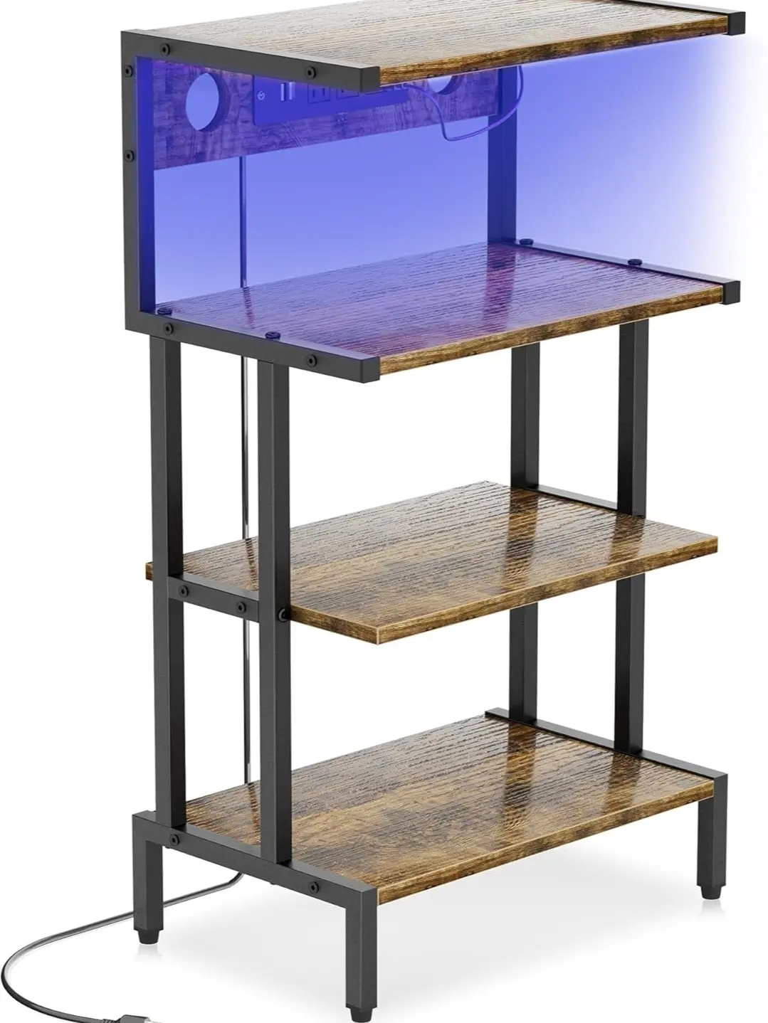 Aquzee Durable 4-Shelf Wooden Floor-Standing Gaming Rack - Playroom Media Stand with Outlet, LED Lights, Stereo Storage, DVD Holders for PS4, PS5, Xbox, CD, AV Organizer Small Entertainment Center