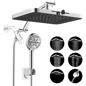 Hibbent Upgraded 5-spray 13'' Shower Head, High Pressure Rainfall Shower Head, Dual Showerhead Combo with 10-mode Handheld Spray, 12'' Adjustable Extension Arm, 71'' Hose, Showerhead Holder, Chrome