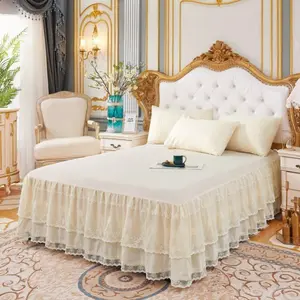 Knitted Lace Bed Skirt for Full Bed - 17" Drop, Wrap Around Bedskirt with Platform, Dust Ruffle Dorm Room Bedskirts