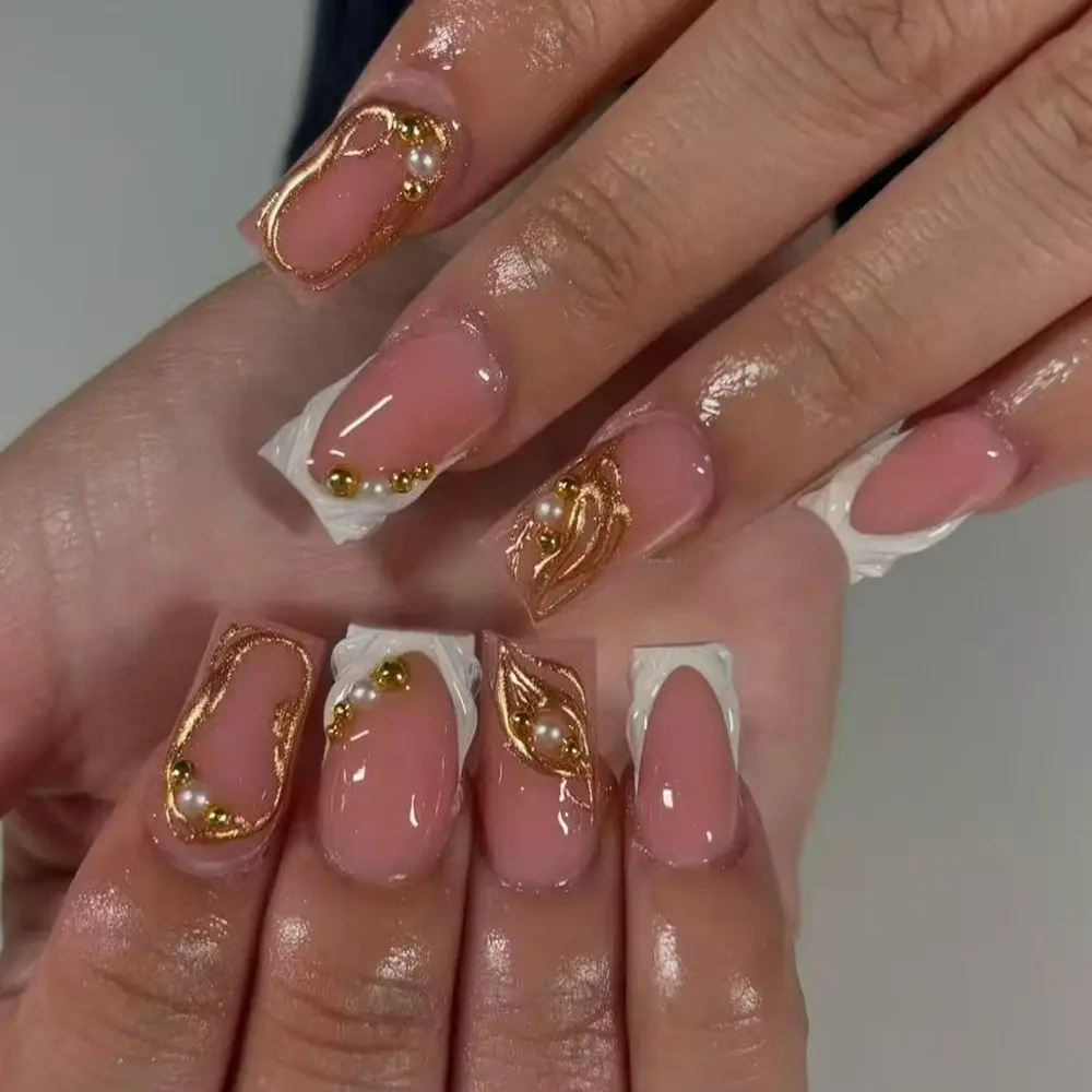 24pcs Clear Nude Nail Art Set, Long Duck Webbed Foot Nails, Lines, Pearl Accents, Luxury French Tips, Versatile Design, Nail Art Kits, Nail Art Supplies