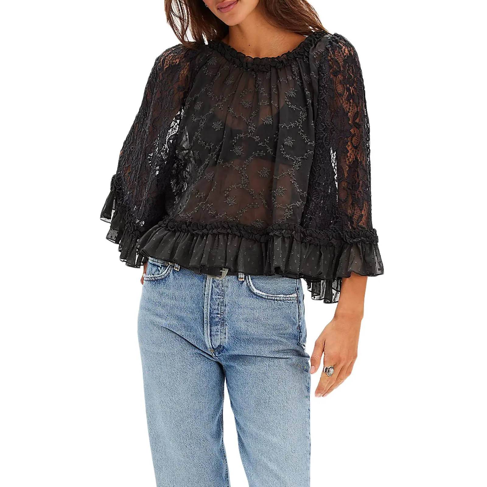 Velquin Women's Fitted Lacy T-Shirt - Sexy, Chic, Elegant, Cute Summer Round Neck Long Flared Sleeves Sheer Party Top - Mother's Day Gift Option
