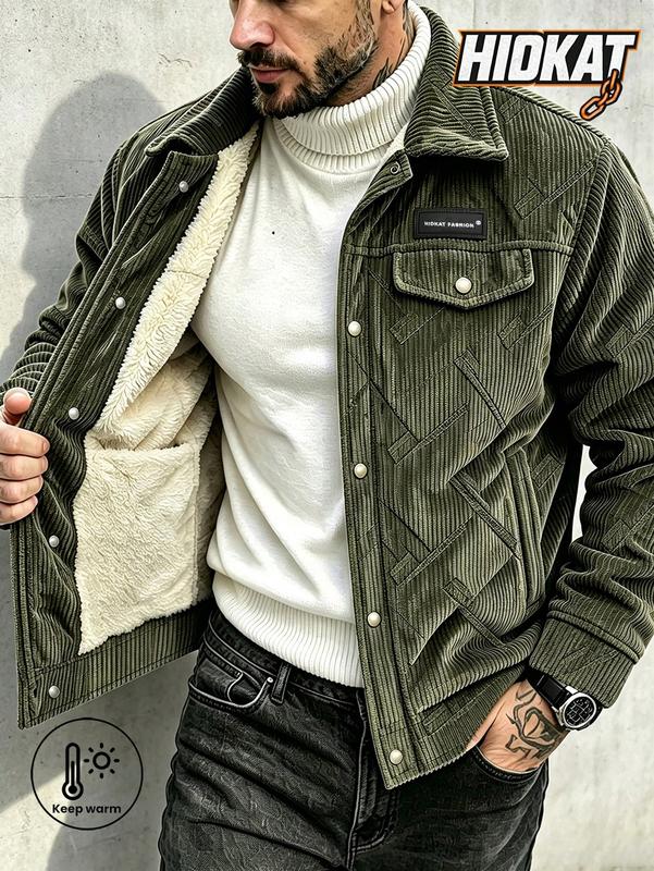 Men's Quilted Trucker Jacket - Menswear, Corduroy Lining, Button Collar, Multi-Pocket Thick Warm Work Coat, Autumn Winter Sports Outerwear for Daily Street Wear