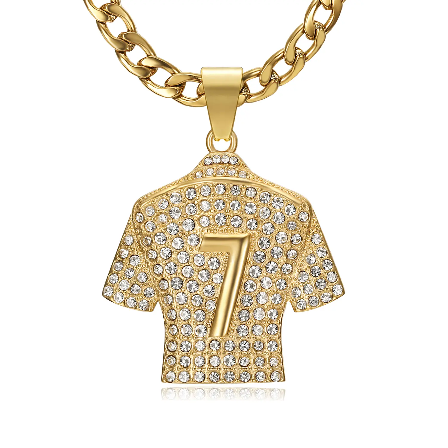 18K Gold Plated Soccer Jersey Number 7 Pendant Football Star Stainless Steel Necklace for Men, 24 Inch 7mm Chain Soccer Player Jewelry Gift