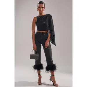 TRIPPY LIKE ME DENIM PANT WITH FEATHER