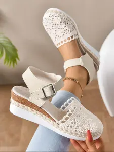 Women's Fashionable Lace Decorated Platform Sandals, Casual Comfortable Wedge Sandals for Summer, Female All-match Round Toe Shoes for Daily Wear, Girl, Minimalist Sandals